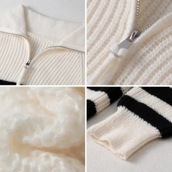 Women's Stripe Sweater Half Turtleneck Zipper Long Sleeve Knit Striped White - Picture 3 of 7